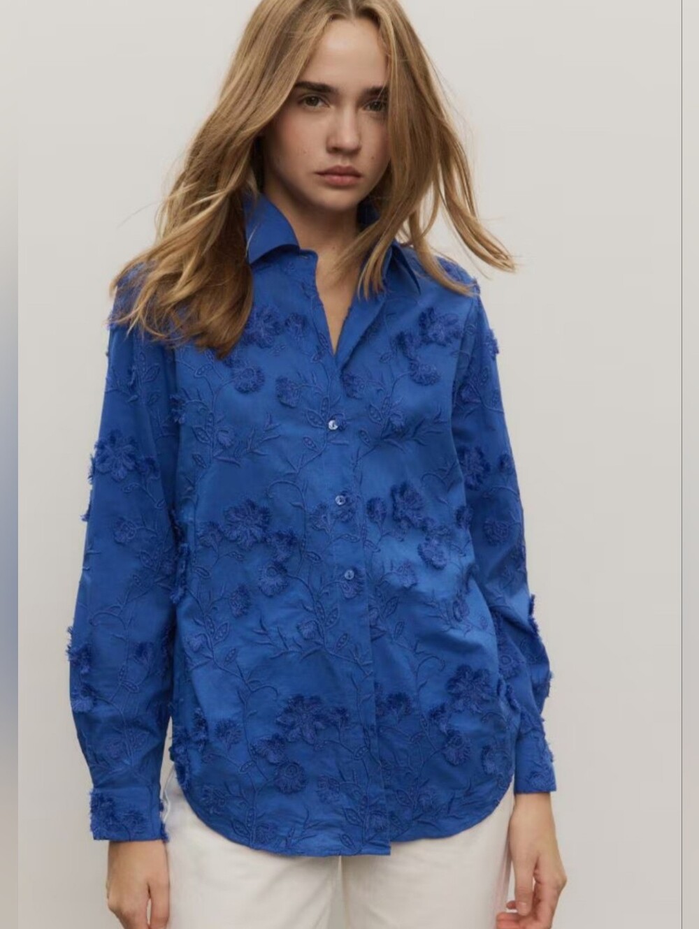 Reserved Top, Size L, Buttondown, Royal Blue 3D Embroidered Shirt, Cotton